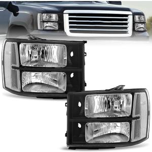 ELH Headlight Assembly Compatible With 2007-2013 GMC Sierra 1500 2008-2014 GMC Sierra 2500 HD 3500 HD Head Lamps Black Housing Clear Relfector