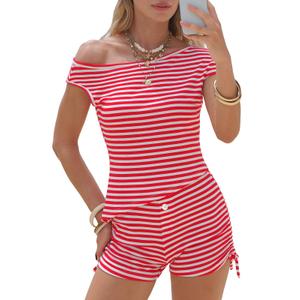 EXLURA Women 2 Piece Summer Outfits Casual Striped Lounge Set Ribbed Knit Off Shoulder Short Sleeve Top and Drawstring Shorts (Red, S)