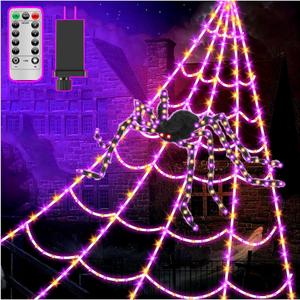 Spider Webs Halloween Decorations Lights - 450 LEDs Outdoor Halloween String Lights with 60" Light Up Spider, 8 Modes Remote Control 16.4Ft Spiderweb, Waterproof (New Orange-Purple Grid Luminous Net)