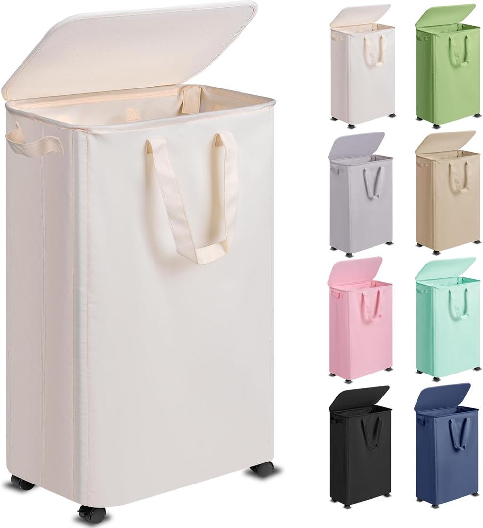Slim Laundry Hamper with Lid and Wheels, Small Rolling Laundry Basket with Handle for Small Spaces, Tall Dirty Clothes Hampers for Dorm, Bathroom and Bedroom, 75L, Beige