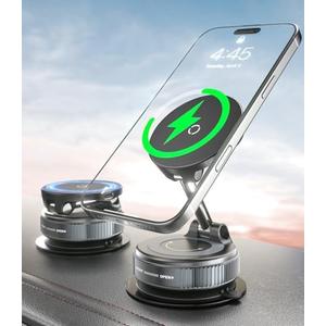 CloudValley 15W Fast Wireless Charger Car Phone Holder Mount, Vacuum Suction Cup Phone Holder Design for MagSafe iPhone 16/15/14/13/12, 360° Adjustable & Foldable Stand for Dashboard & Windshield