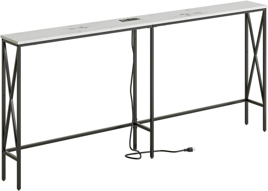 Masupu 70.9" Console Table with Power Outlet, Modern Narrow Long Sofa Table Behind Couch, Skinny Entry Table, Industrial Sofa Table with Metal Frame for Hallway, Living Room, White and Black