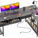 PRAISUN 63 Inch L Shaped Office Desk with Power Outlets and Type-C Port, Large Computer Gaming Desk with 3 Fabric Drawers, Mesh Shelves, Corner Study Work Writing Desk, Grey
