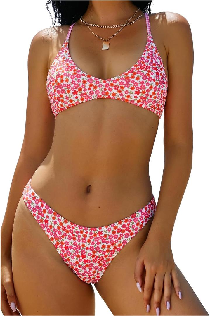 ZAFUL Women's Tie Back Padded High Cut Bralette Bikini Set 2 Piece Swimsuit | Crisscross Back Self Tie, Adjustable Straps, Bathing suit for women, Classic Coverage, Removable Soft Cups, Beach Vacation (Blue, S)