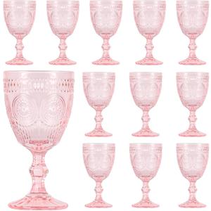 Pink Glass Goblets Wine Glassware, 10 oz Vintage Wine Glasses Set of 12, Romantic Wedding Glass Set, Embossed Drinking Stemware Beverage Cups for Wedding Engagement Christmas Party Bar, standard