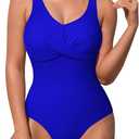 Pink Queen Women's One Piece Swimsuit V Neck Tummy Control Bathing Suits Sexy Criss Cross Swimwear (Blue, S)