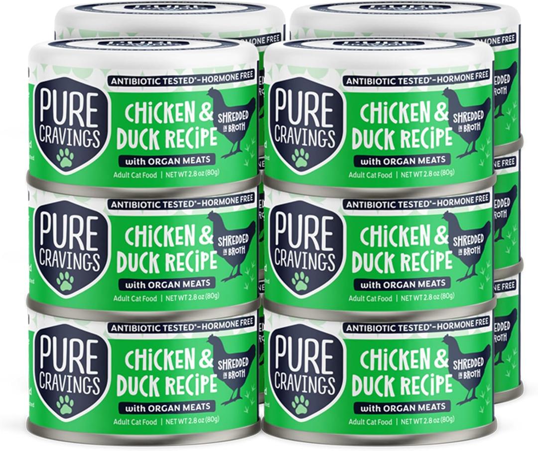 Pure Cravings Chicken and Duck Recipe in Broth, Shredded Wet Cat Food, Grain-Free Protein, Non-GMO, 12 Pack