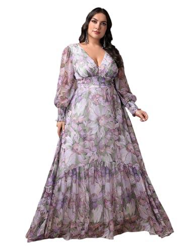 TOLEEN Women's Plus Size Dresses Spring Summer Casual Elegant V Neck Floral Print Lantern Sleeve Long Maxi Dress 3X