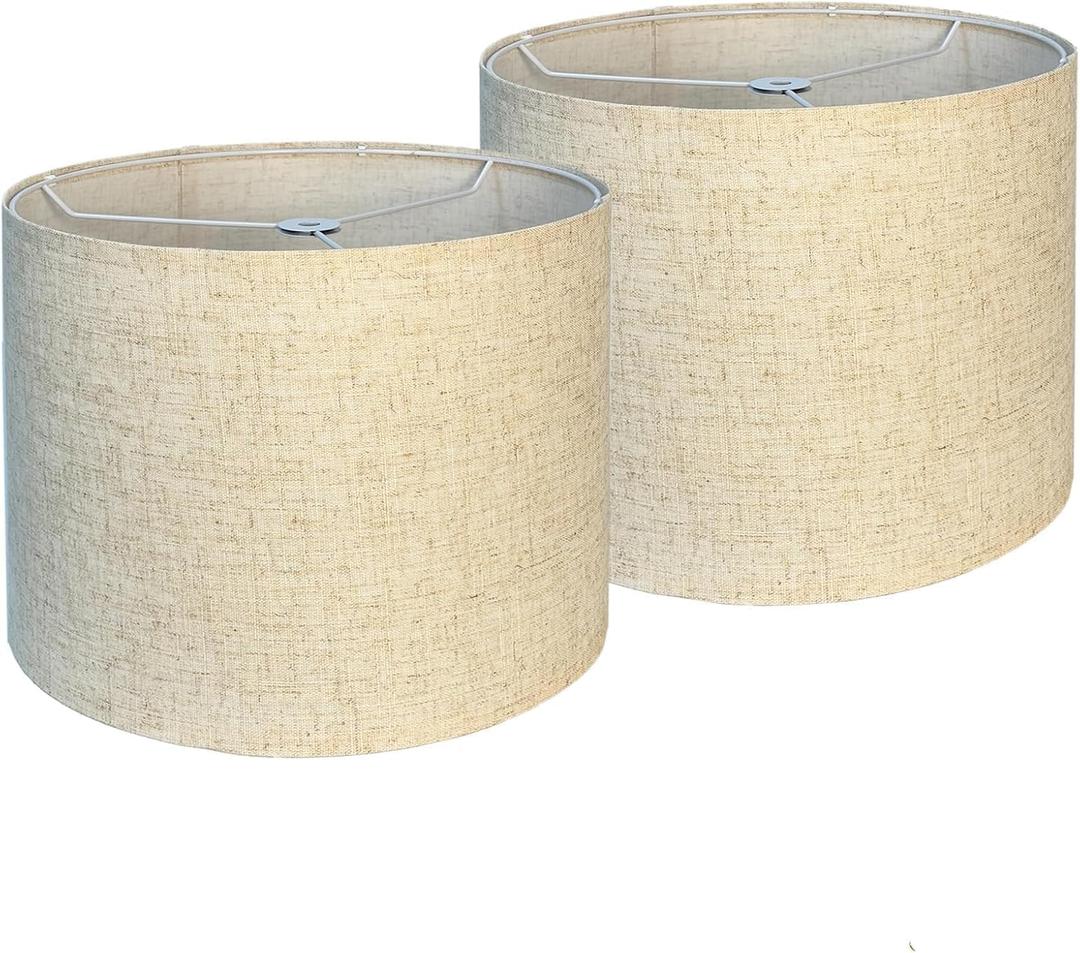 Lampshades Set of 2, 11.6" Top x 12.6" Bottom x 9.5" High, Drum Lamp shadesMedium Lamp shade, Beige Lampshade Natural Linen Hand Crafted