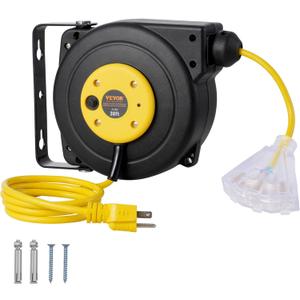 VEVOR Retractable Extension Cord Reel, 30 FT, Heavy Duty 16AWG/3C SJTOW Retractable Power Cord Reel with Lighted Triple Tap Outlet 10 Amp Circuit Breaker 4.5FT Lead-in Cord, for Ceiling or Wall Mount (Yellow)