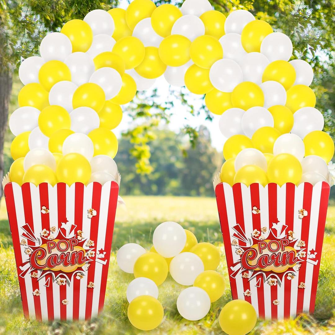Sosation Giant Popcorn Box Cardboard Stand up with Balloons Movie 3D Popcorn Box Cardboard Stand up and Yellow White Balloons Carnival Decorations for Movie Night Themed Party(1 Pack)