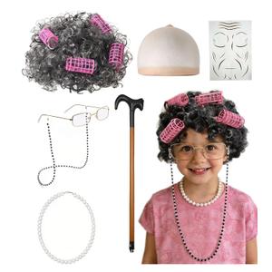 Old Lady Wig Costume Set, 100 Days of School Costume Grey Grandma Wig, Granny Accessories Glasses, Cap, Cane, Wrinkle Fake Tattoo for Halloween, Anime Cosplay, Party(Curly+Rollers) (#3 Dark Gray)