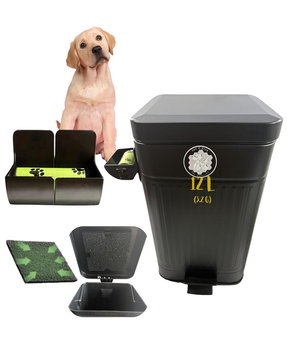 Dog Poop Trash Can (Black) Outdoor Activated Carbon Filter Odor Control, 3.2 Gallon (12Lt) with Slow Soft Close Lid, All Weather Resistant Poop Disposal Bin for Pet Waste Backyard Station.