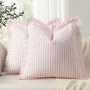 ZWJD Throw Pillow Covers 18x18 Set of 2 Striped Pillow Covers with Fringe Chic Cotton Decorative Pillows Square Cushion Covers for Sofa Couch Bed Living Room Farmhouse Decor (Pink)
