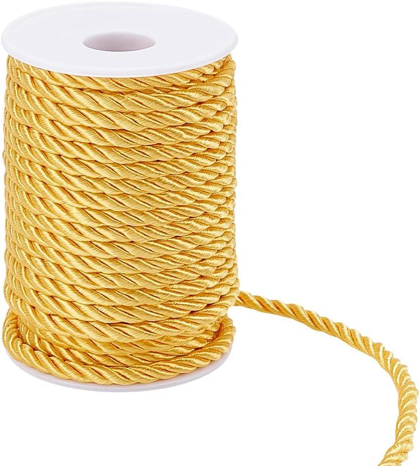 PH PandaHall 59 Feet 5mm Yellow Twine Rope - 3 Braided Thread for Home Decor, Costume, Upholstery, Curtain Tieback, Graduation Honor Cord - Decorative Twisted Satin Polyester String (5mm - 59 Feet)