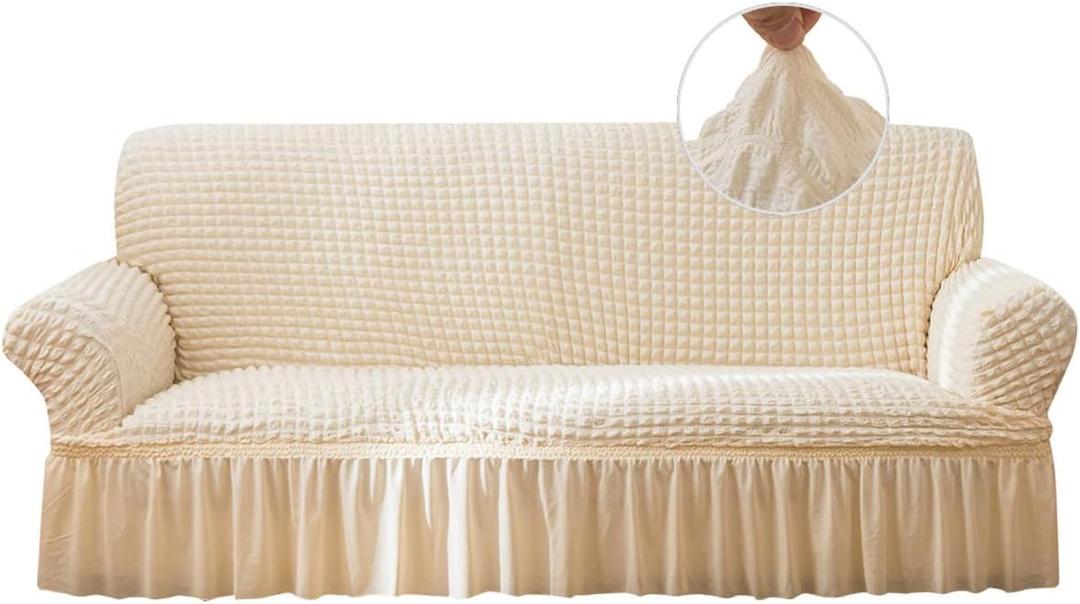 Qubjus Stretch Sofa Slipcover Sofa Covers Washable Couch Sofa Bed Cover Easy Fit Furniture Protector with Elastic Bottom and Skirt (Off- White, Large)