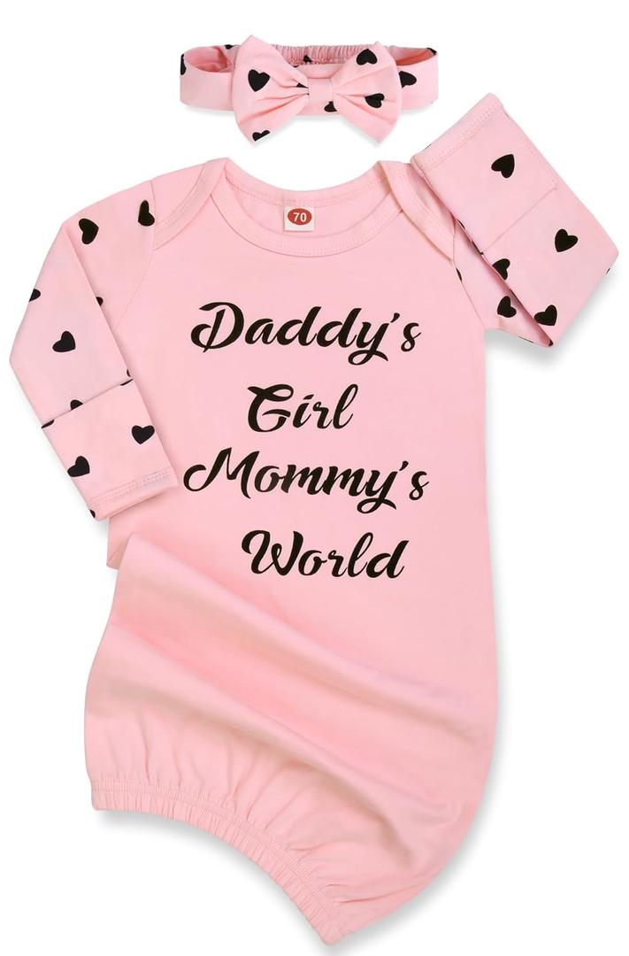 Newborn Baby Girl Nightgown, Long Sleeve Sleeper Gown with Mittens & Headband, Baby Girl Gifts Going Home Outfit with Open Bottom, Easy to Change Diapers 0-6 Months Pink Heart