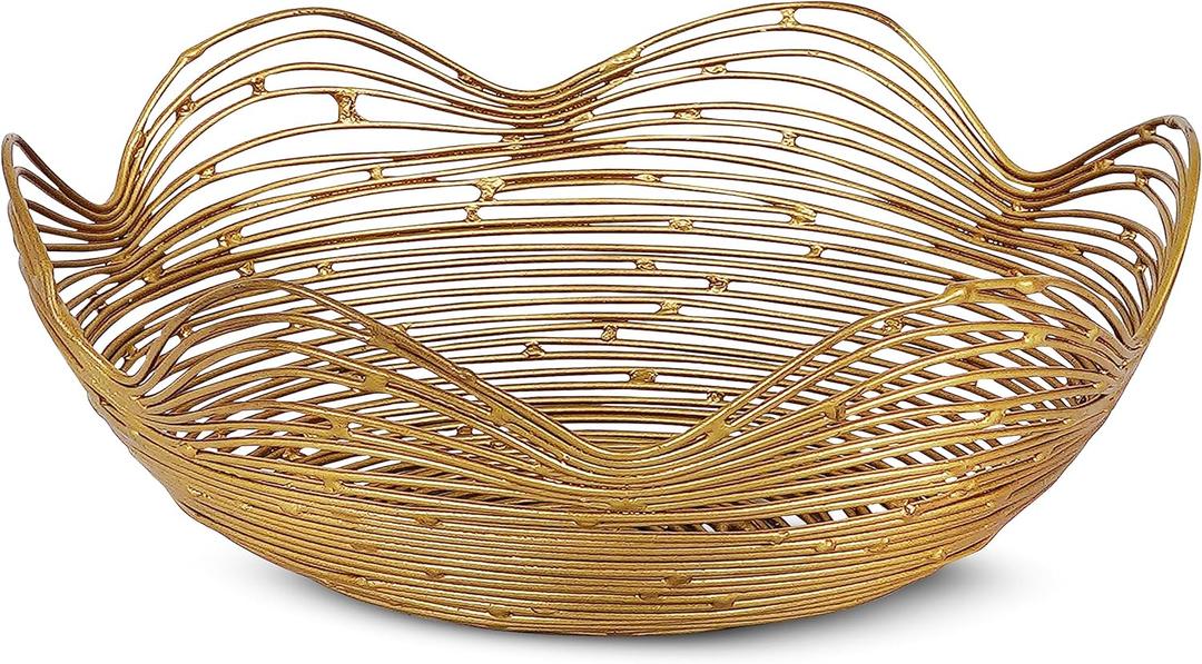 Mela Artisans Metal Bowl, Gold, Large, 12 x 4.5 x 6, Ruffle Decorative Style Bowls for Fruits & More, Kitchen Counter w/Round Underneath, Handmade, Sustainable, Elegant, Modern