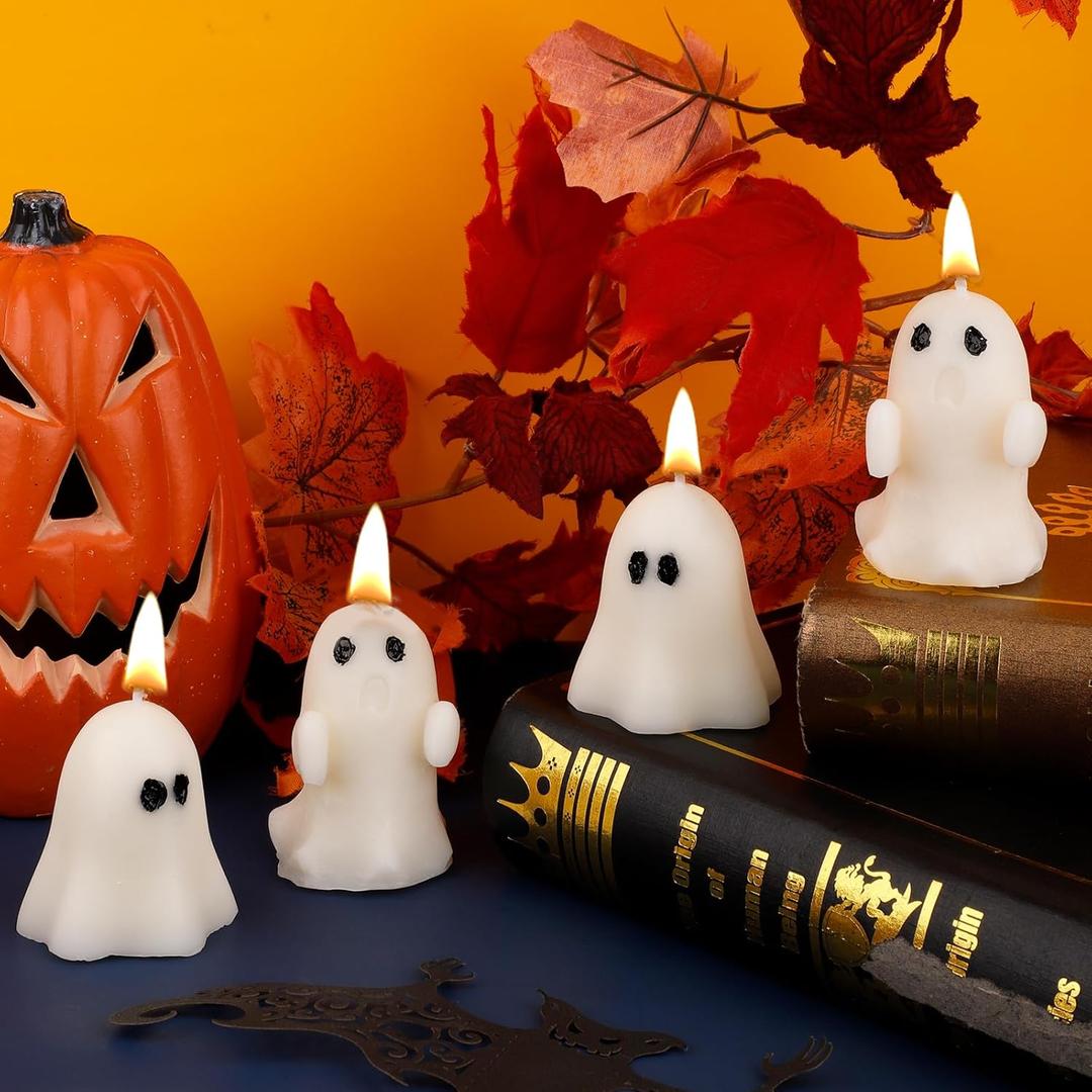 4pcs Halloween Ghost Candles, Cute Ghost Shape Candles Ghost Scented Candle White Halloween Spooky Candles for Home Halloween Party Room Table Decorations