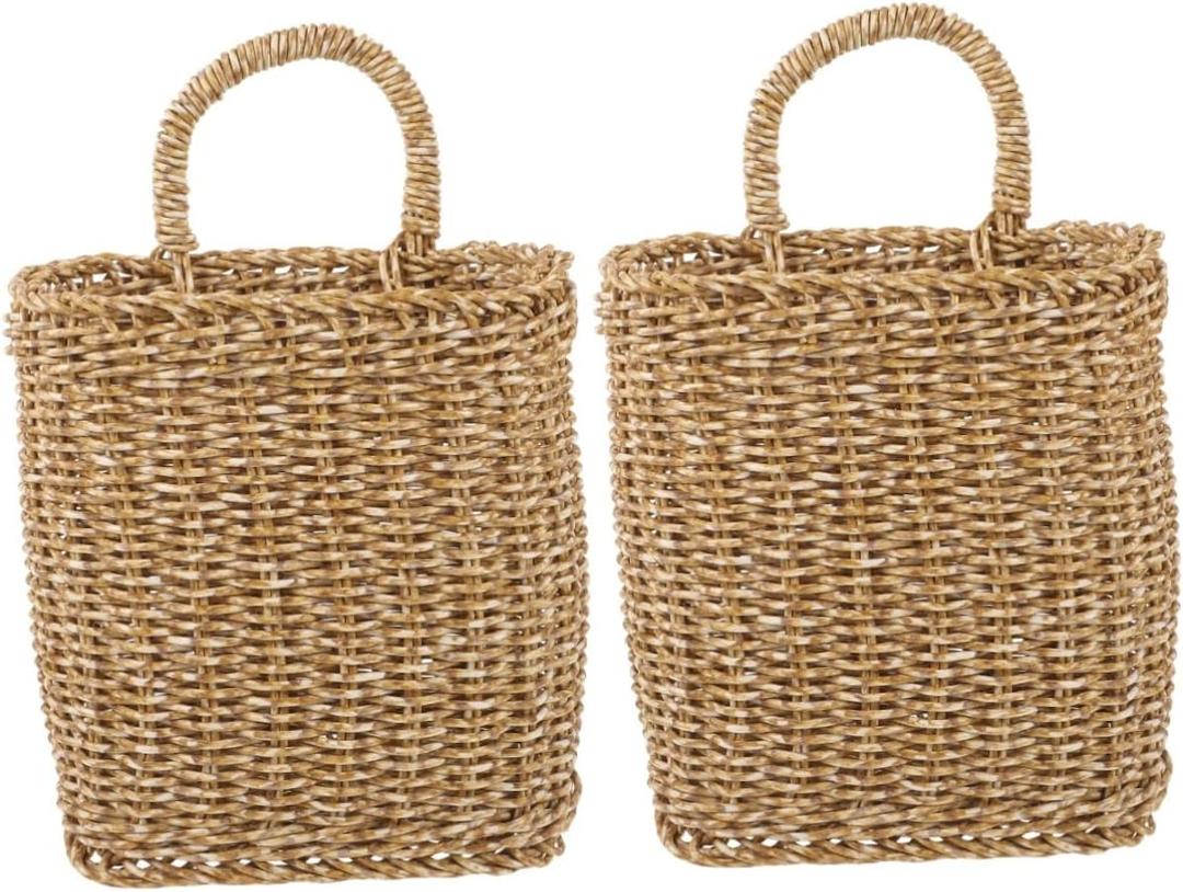 2pcs Square Storage Baske Hanging Fruit Basket Set - Woven Vegetable Storage Baskets for Kitchen &Amp; Living Room, Includes 6 Strong Hooks for Easy Wall Organization