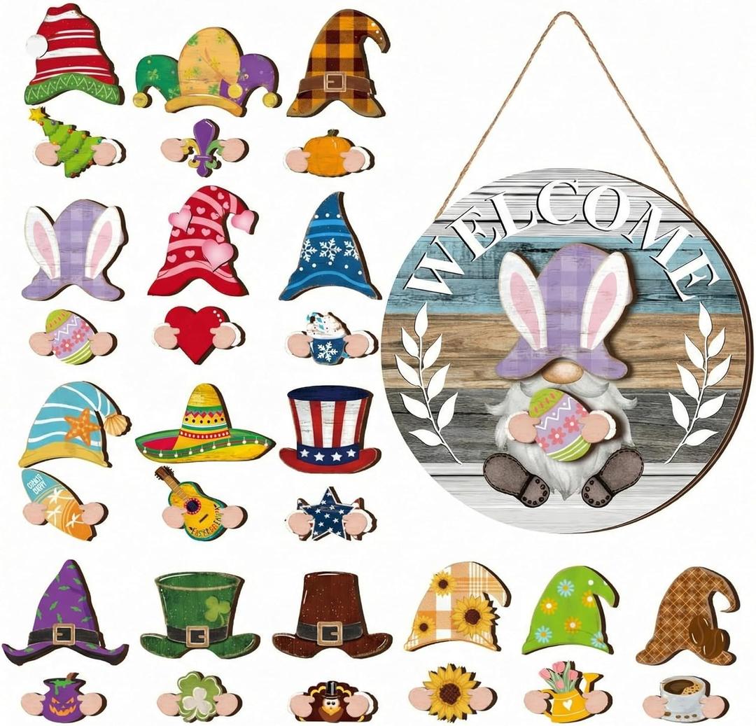 Qunclay Interchangeable Wooden Gnome Decor Holiday Seasonal Gnome Decorations with Magnet Pieces and Detachable Hats Changeable Welcome Sign for Home (Antique Style)
