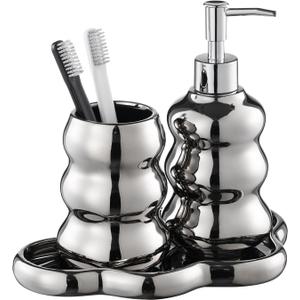 Silver Bathroom Accessory Set, 3-Piece Ceramic Bath Accessories Set with Tray, Lotion Dispenser, and Tumbler