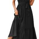 PRETTYGARDEN Women's Summer Floral Boho Maxi Dress Short Sleeve Wrap V Neck Ruffle Long Flowy Beach Wedding Guest Dresses (Black, L)
