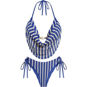 ZAFUL Women's Two Piece Bikini Sets Triangle Halter Swimsuit Deep V Cowl Neck Ruching Bathing Suits (S)