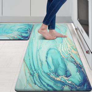 MAYHMYO Kitchen Rugs and Mats Set of 2 Teal Marble Gold Anti Fatigue Mat PVC Non Slip Turquoise Foam Cushioned Kitchen Mats for Floor Dining Room Home Office Sink Laundry (29"L X 17.3"W X 0.4"Th + 47"L X 17.3"W X 0.4"Th)