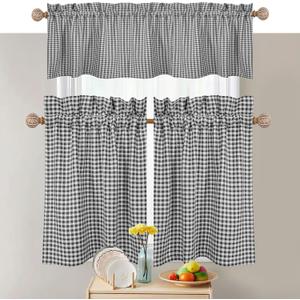 Mini Gingham Check 3 Piece Kitchen Curtain Set, 2 Tiers 26x36 Inch & 1 Valance 54x18 Inch, 100% Cotton, Semi Sheer, Rod Pocket Short Curtains for Farmhouse, Cafe, Bedroom, Grey White