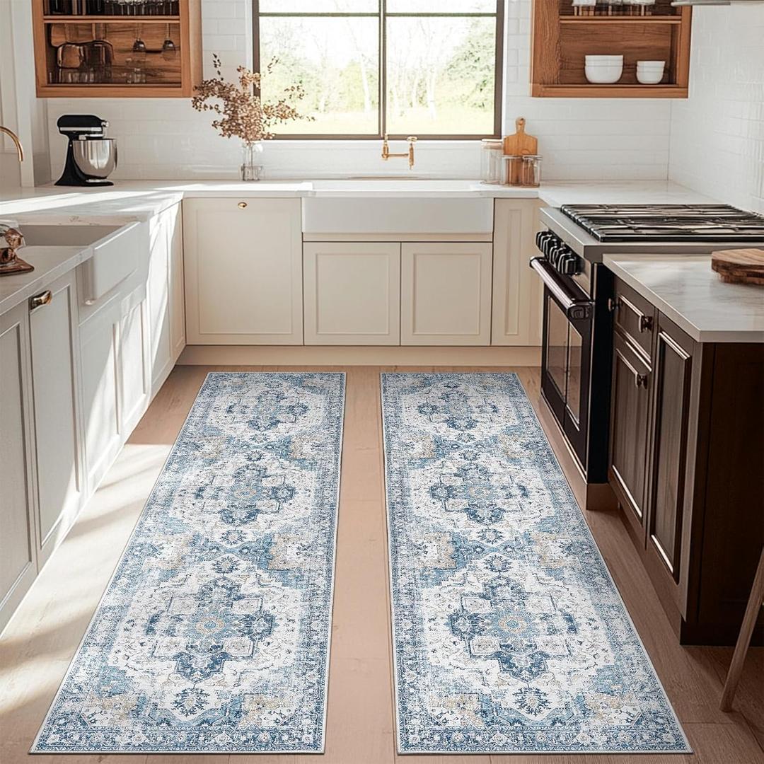 jinchan Kelda Runner Rug 3x10-2pcs Vintage Hallway Rug Kitchen Washable Runner Retro Floor Cover Lightweight Non-Slip Thin Distressed Carpet for Entryway Bathroom Laundry Room Bedroom Stairway Blue