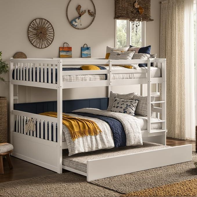 PVWIIK Full Over Full Bunk Bed with Trundle & Ladder & Safety Guardrail,Solid Wood Bunk Bed for Kids Adults Teens Bedroom,Convertible to 2 Separated Bed,No Box Spring Needed,Easy Assembly