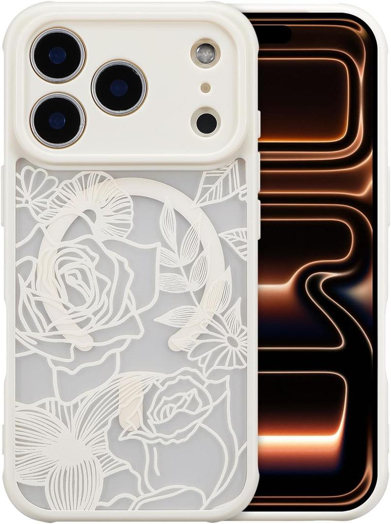 XIZYO Magnetic Case for iPhone 17 Pro Max Floral Rose Cute Phone Case [Compatible with Magsafe] for Women Girls Aesthetic Pattern Slim TPU Shockproof Bumper Cover, White