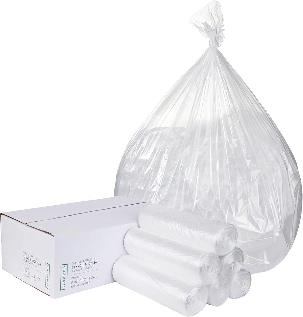 TYPLASTICS 33 Gallon Clear Trash Can Liners - 33" x 40" - High Density Garbage Bags - Case of 500 - Multipurpose for Office, Outdoor, Recycling, Industrial and Commercial (1 Count (Pack of 500))