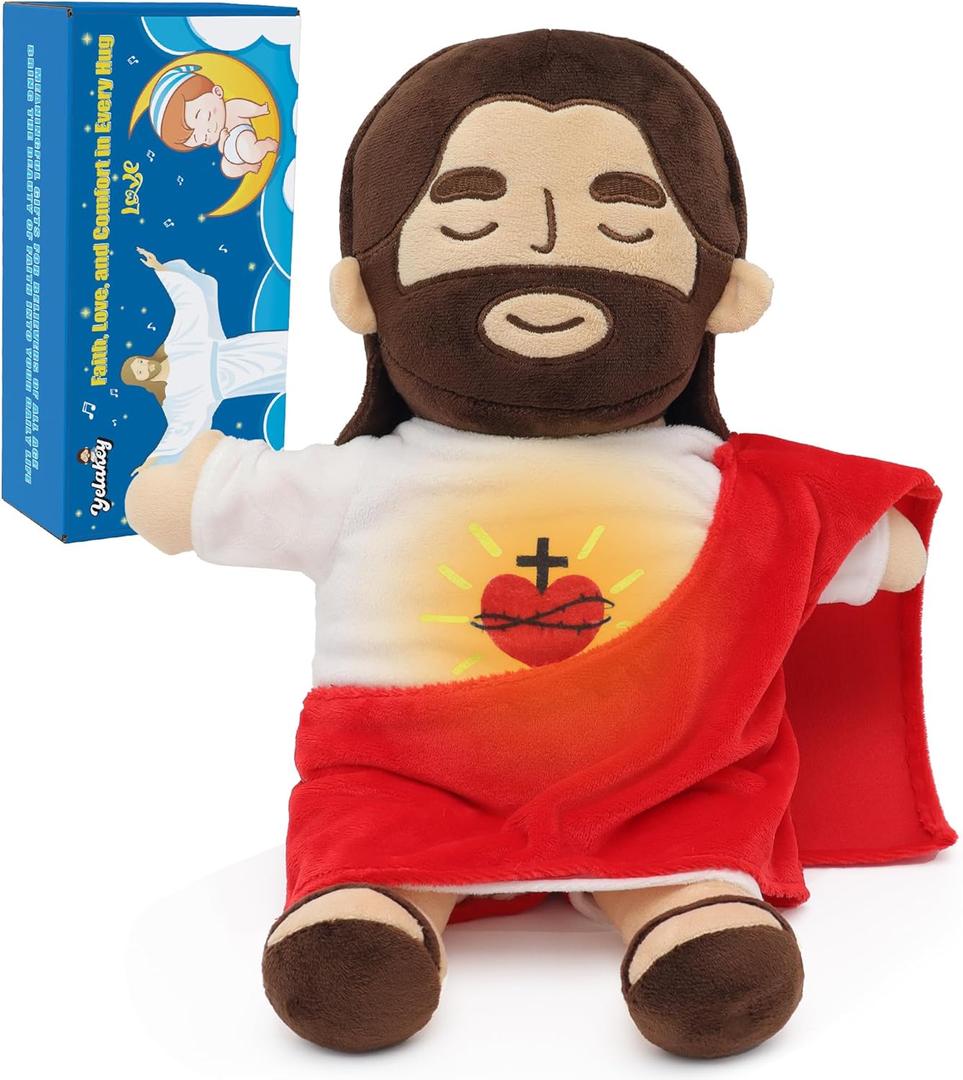 Jesus Plush Breathing with Glow&Songs, Soothing Jesus Stuffed Doll Heart of Jesus Toy Savior Doll for Church Sunday School Religious Easter Gift for Kids (Brown)