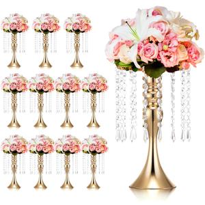 Unittype 12 Pcs Wedding Centerpieces for Tables 13 Inch Tall, Crystal Flower Stand Floral Vases for Tabletop Flower Arrangement Stand Valentines Gift Baptism Christmas Party Decor (Gold)