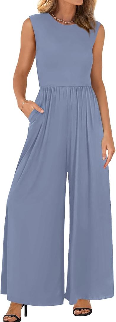 BTFBM Womens Casual Jumpsuits Dressy 2026 Spring One Piece Outfits Crew Neck Sleeveless Knit Wide Leg Pants Romper Beach (Blue, M)