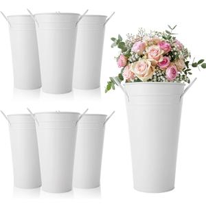 MIVIDE 6 Pack White Flower Buckets, 9.8 Inch Galvanized Metal Vases for Flowers, Flower Bucket with Handles, Farmhouse Vases for Wedding, Balcony Garden, Home Decor