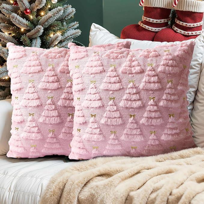 SEGXCFL Christmas Pillow Covers 12×19Set of 2，Luxury Soft Plush Faux Rabbit Fur Pillow Case Gold Pink Christmas Tree 3D Embroidered Dot Decorative Cushion Cover Sofa Bedroom Holiday Decor