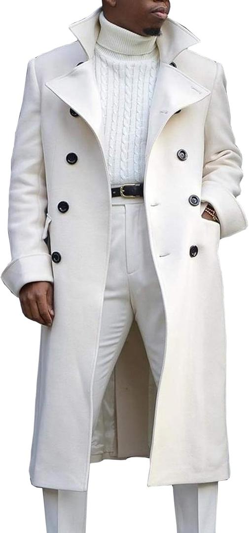 Ebifin Men's Notch Lapel Double Breasted Long Trench Coat Casual Cotton Blend Peacoat (X-Large, White)