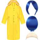 Xinnun 3 Pieces Halloween Yellow PVC Raincoat with Detachable Hood Blue Short Straight Wig Elastic Hair Net for Halloween (Medium)