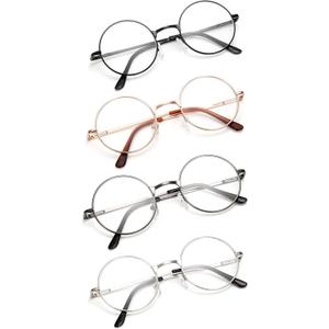 4 Pack Reading Glasses for Women Men Retro Round Metal Frame + Glasses Strap +2.00