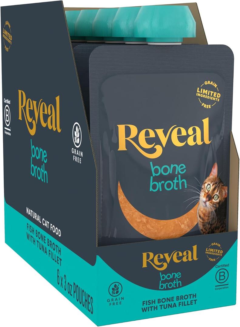 Reveal Tuna Fillet Bone Broth Cat Food Topper 6-Pack 3 oz Pouches | Natural Source of Hydration & Collagen, Limited Ingredient, Grain Free, High Quality, No Fillers, No Artificial Additives (EXP 11/06/27)