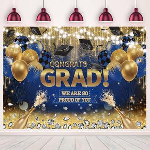 7x5FT Blue Gold Congrats Grad Theme Photo Backdrop We are So Proud of You Photography Background Graduation Party Banner Indoor Outdoor Congratulations Graduate Decoration Polyester