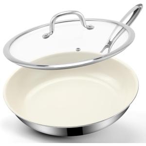 Ranbomer Hybrid Ceramic Non Stick Frying Pan 12 Inch, 5-Ply Stainless Steel Skillet,Stay-Cool Handle,Induction Ready, Compatible with All Cooktops, PFAS-Free, Non-Toxic, White.(12 Inch)