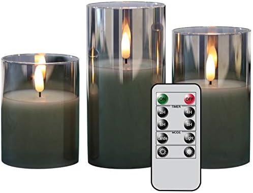Eldnacele Glass Flameless Flickering LED Candles with Remote & Timer - 3D Wick Battery Operated Pillar Set of 3 Black Glass Candles - Warm Light (D3' x H4' - 6')