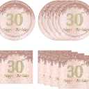 30th Rose Gold Birthday Plates and Napkins, 9 Inch Pink Rose Gold Disposable Dinner Dessert Plates Happy 30th Birthday Party Supplies Decorations for Girls Women