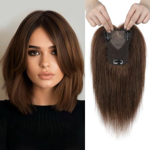 REECHO Real Human Hair Topper, 10 inch Women Hair Toppers for Thinning Hair, 100 Percent Human Hair Large Coverage Natural Hairpiece Wiglet, Swiss Base 4.5"x3.5", Medium Brown
