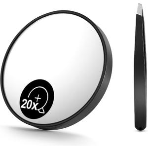 OMIRO 20X Magnifying Mirror and Eyebrow Tweezers Kit, 3.5" Two Suction Cups Magnifier Travel Set