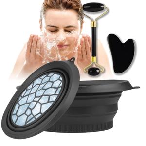 Foldable Facial Ice Bowl Gua Sha facial roller and Silicone Facial Ice Bowl Set Portable Ice Bucket Reusable Facial Ice Holder for Facial Treatments Eliminate Puffiness Travel Built-in Ice Cube (3pcs)